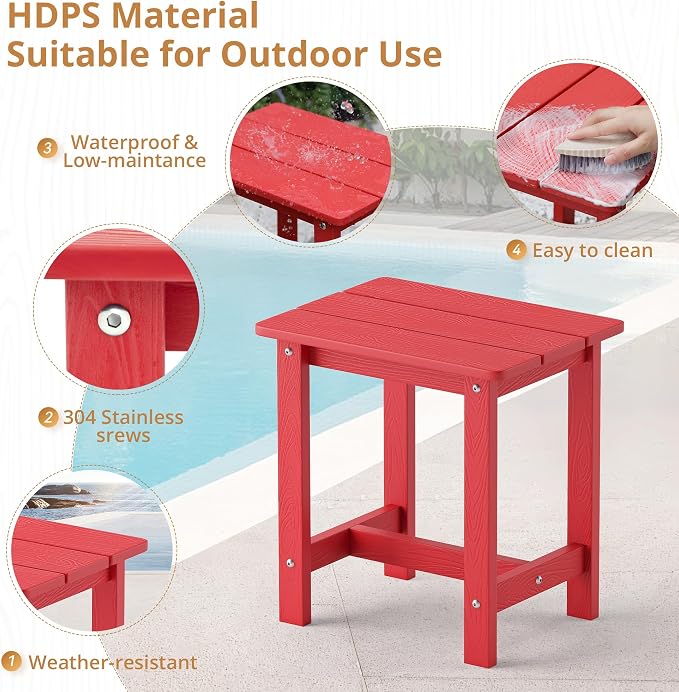 LUE BONA Outdoor Side Table, HDPS Small Outdoor Adirondack Side Tables, Outside End Table for Patio, Porch, Deck, Pool, Weather Resistant/Easy Maintenance,Bright Red
