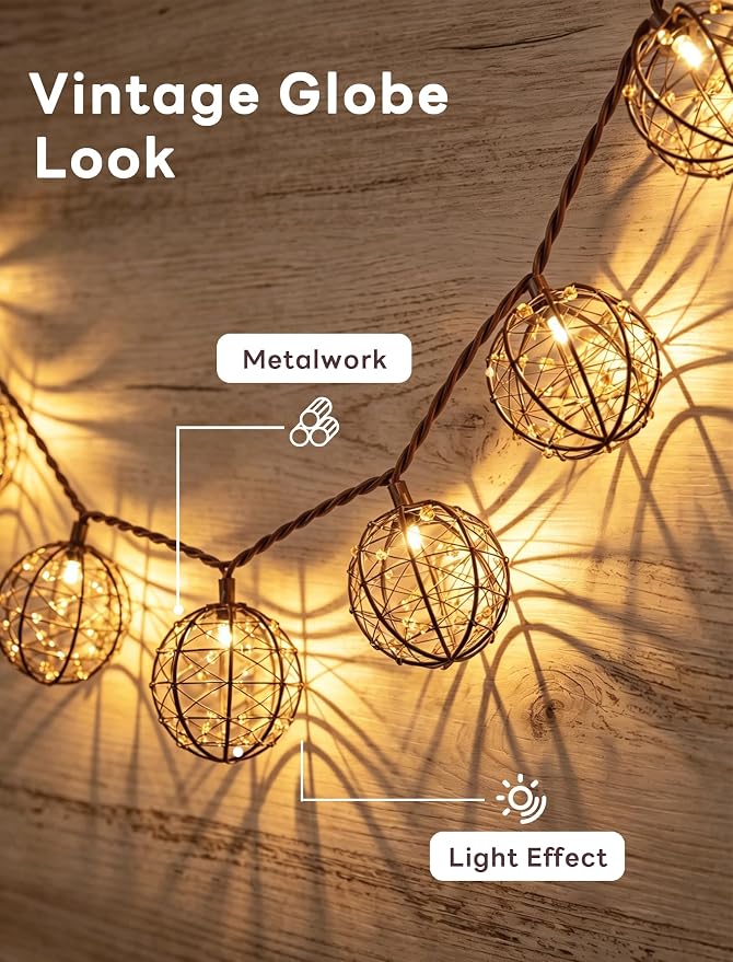 LED Outdoor Patio Lights, Beaded Copper Wire Ball Style Lantern Lights | 10 LED Wire Ball Light, 8.5FT Connectable Boho Lantern String Lights for Yard Garden Bistro Campings Porch Party Backyard