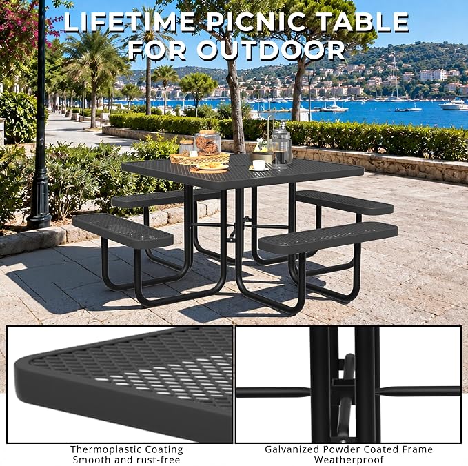 All-Weather Square Outdoor Picnic Table, Commercial Picnic Table Bench Set with Umbrella Hole, Thermoplastic Coated Metal Dining Tables for School, Stores, Park, Patio, Yard, Black