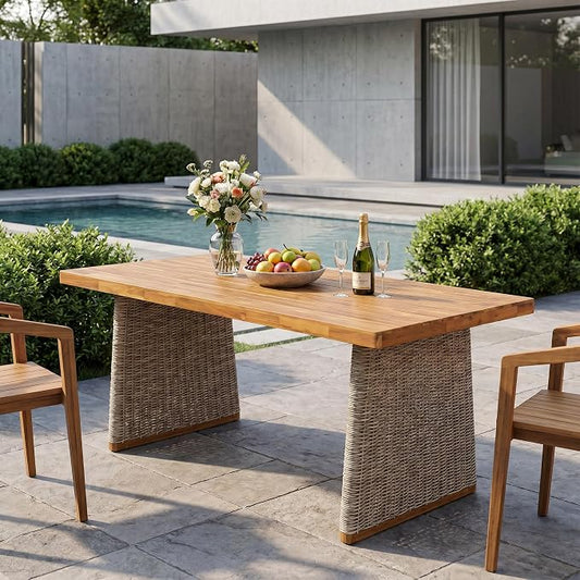 Christopher Knight Home Shuri Patio Acacia Wood Dining Table, Slatted Tabletop Outdoor Side Table with Handwoven Rattan Legs, Rectangular Outdoor Dining Table for Backyard/Garden, Brown + Teak