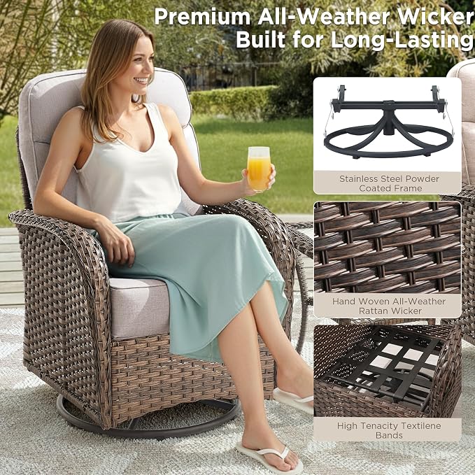 Luxury Wicker Patio Furniture Set with 6-Inch Thick Cushions, 3 Pieces Outdoor Swivel Rocker Patio Chairs Set of 2 with Rattan Side Table, Outdoor Patio Conversation Sets for Garden Deck, Beige