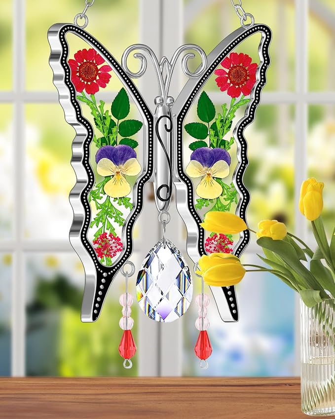 KY&BOSAM Butterfly Glass Crystal Pressed Flower Suncatchers Window Hanging | Colorful Prism Charm Sun Catcher Wind Chime Ornament,Metal Dried Flower and Glass,Mothers Day Gifts for Mom Christmas