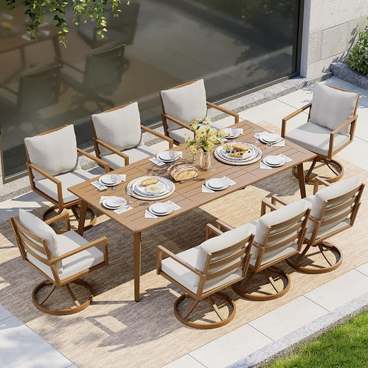 HAPPATIO Outdoor Dining Set, 9-Piece Patio Aluminum Dining Set with Wood-Like Hand-Painted Finish, 8 Swivel Rockers with Waterproof Cushions, Easy Assembly for Backyard, Garden, Porch,Grey Cushion