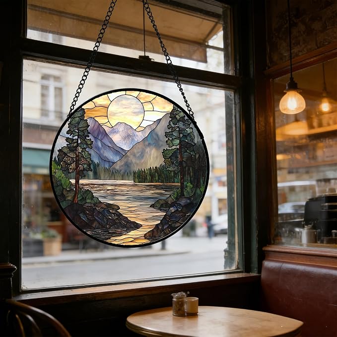 Stained Glass Window Hanging, Sunset Mountains Lake Tree Sun Catcher for Window Home Decor Landscape Suncatcher Mother's Day Birthday Gifts for Women Men Mom and Nana 9.8 in