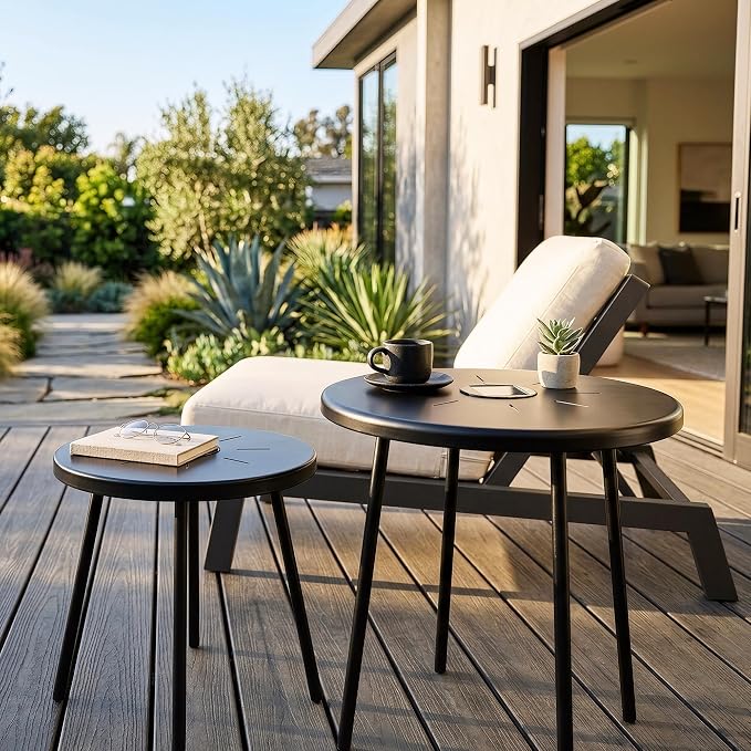 2-Pack Solar Side Table with LED Light, Outdoor Indoor Nesting Round End Table Set, Metal, Black 19.7" & 15.7"