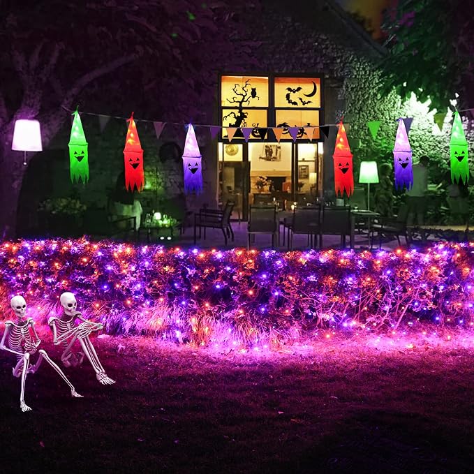 Orange and Purple Halloween Net Lights Outdoor, 21x 5ft Green Wire | 360 LED Large Net Mesh Lights Plug in, 8 Modes Waterproof Connectable Bushes Lights for Halloween Hedge Yard Decor