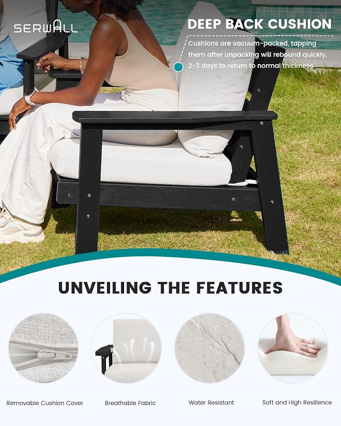 SERWALL HDPE Outdoor Couch Set of 2, All-Weather Wood-Like Patio Furniture Set, Black Outdoor Sofa Chairs with Khaki Cushions