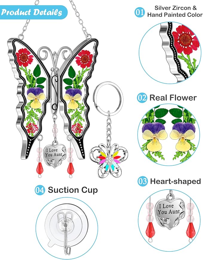 KY&BOSAM Gifts for Aunt Butterfly Suncatcher Stained Glass Windows Hanging | Keychain for Wind Chime,I Love You Aunt Charm,Pressed Real Flowers,Glass,Gifts for Aunt Birthday Mothers Day Christmas