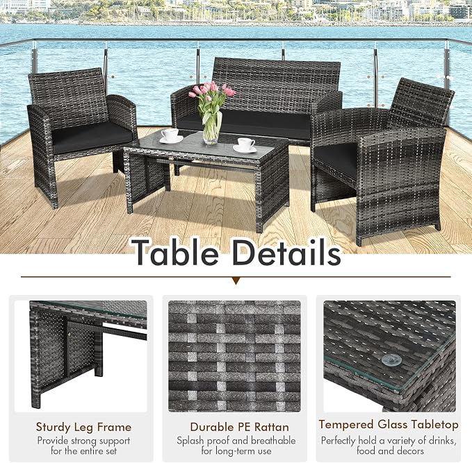 Outdoor Conversation Set, 8 Pieces Wicker Patio Furniture Set with Ergonomic Curved Design, Patio Chair Set with Water-Resistant Cushion & Tempered Glass Table for Balcony,Porch (Black)