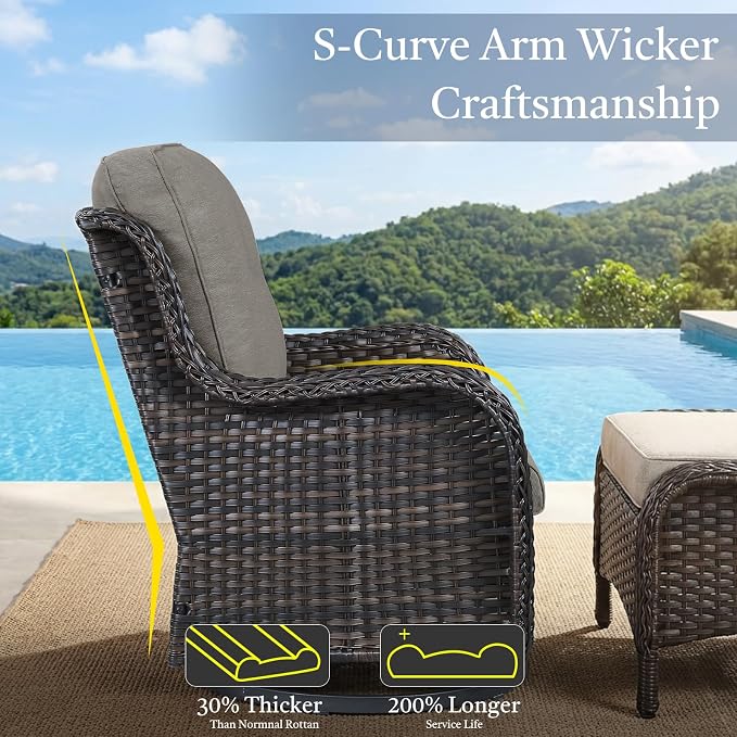 6 Piece Patio Furniture Set with Ottoman - All Weather Patio Conversation Set with 4 Inch Thick Cushions and Deep Seating Swivel Glider Chairs & Outdoor Couch for Porch Deck Yard Pool