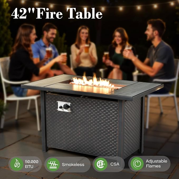 6 Pcs Patio Furniture with Fire Pit Table, Outdoor Rattan Wicker Conversation Set with Glowing Coffee Table, Comfy Sectional Sofa for Porch Balcony Backyard Pool, Orange