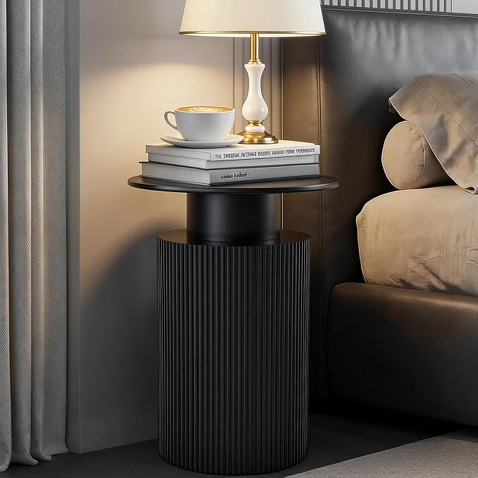 Round Side Table, 24" Fluted End Table with Storage, Mid Century Nightstand Modern Wood Bedside Accent Table, Farmhouse Circle End Tables for Home, Small Spaces, Bedroom, Living Room (Black) | Fluted End Table, Hidden Storage, Detachable Tray, Mid Cent...