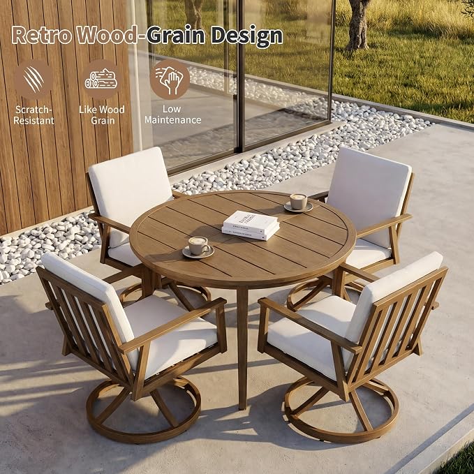 41" All-Aluminum Round Outdoor Dining Table, Modern Faux Wood Grain Patio Table with Umbrella Hole, Rust-Resistant Metal Dining Table for Garden, Backyard, Poolside & Lawn, Teak