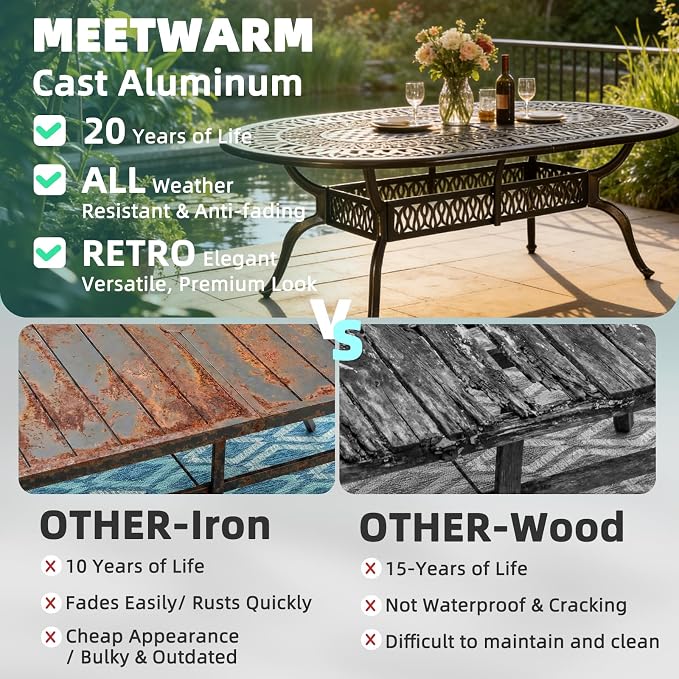 MEETWARM Outdoor 84" Oval Patio Dining Table, All Weather Cast Aluminum Large Patio Furniture Table Fits for 6-8 Person with 2" Umbrella Hole, Dark Bronze