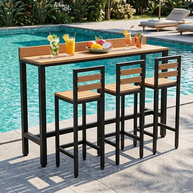 Outdoor Patio Bar Height Table with Baffle, Weather Resistant High Counter Table Porch Pub Tables Wood-Plastic Tabletop, for Poolside Garden Balcony Restaurant Cafe(Black,78.7"x15.7"x40.5")