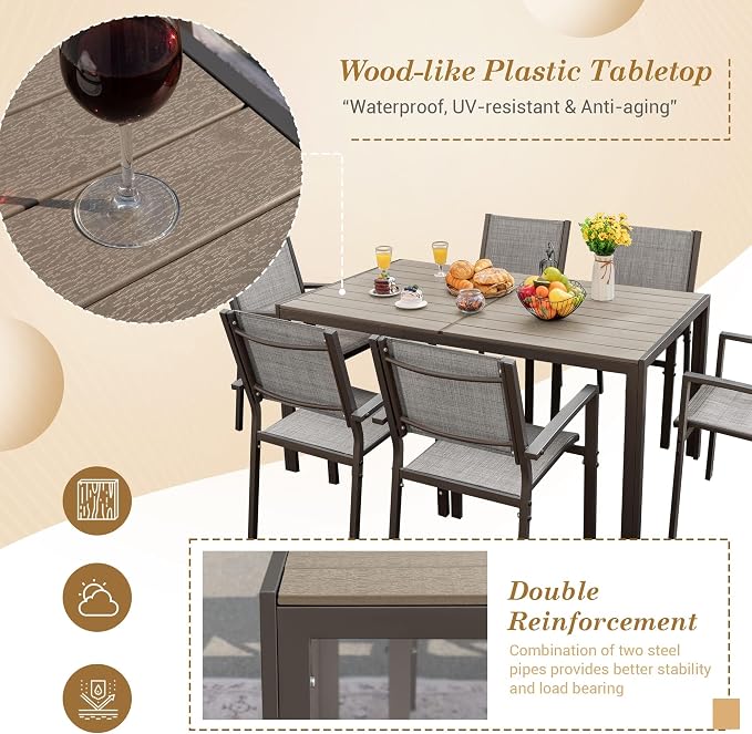 Flamaker Patio Dining Set 7 Piece Metal Frame Outdoor Furniture with 6 Textilene Chairs and Rectangular Table Family Kitchen Conversation Set for Backyard, Lawn (Grey)