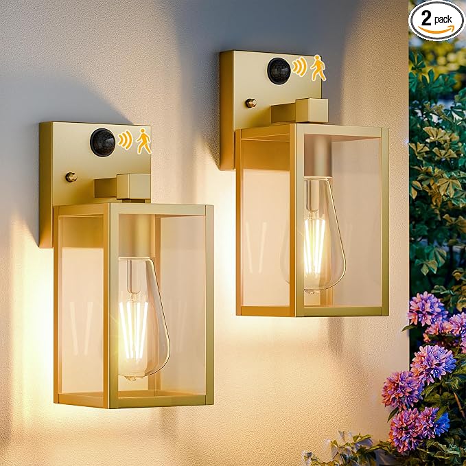 2 Pack Gold Motion Sensor Outdoor Light Fixtures Wall Mount, Dusk to Dawn Front Porch Lights for House, Exterior Wall Sconce, Waterproof Lantern Lamp,Outside Coach Light for Garage Entryway Yard