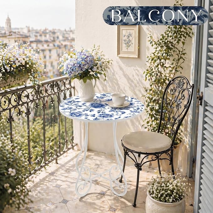 Cinnvoice 14 Inch Outdoor Side Table Round Small Patio Accent Weather Resistant Metal Elegant Indoor End Plant Coffee Tea Table for Yard Patio Outdoor Porch Garden Living Room(Blue Floral)