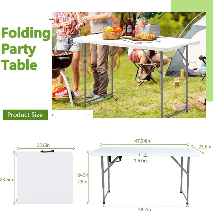 4Ft Folding Tables Portable Plastic Table Adjustable Height 4 Foot Foldable Table Fold Up Lightweight, Folding Camping Table for Indoor/Outdoor Picnic Camping