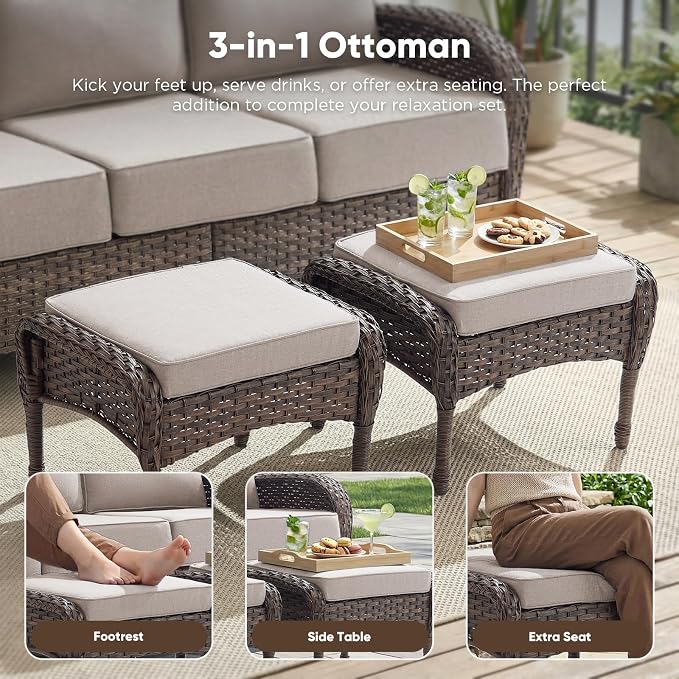 HUMMUH 5-Piece Patio Furniture Set with Upgraded 6" Thick Cushion - High Back Outdoor Swivel Rocker Chairs with 3-Seater Sofa,Ottomans,Wicker Outdoor Conversation Set for Deck,Porch,Yard,Poolside