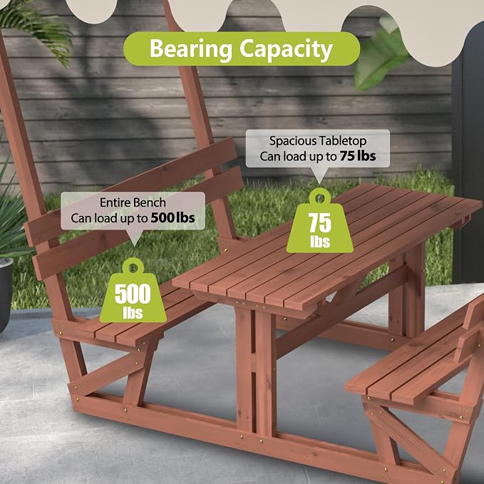 Wood Outdoor Picnic Table Bench Set, Wooden Dining Table Set with 2 Built-in Benches for 4-6 Adults, All-Weather Patio Table and Bench Set with Detachable Sunshade Canopy for Front Porch Lawn Garden