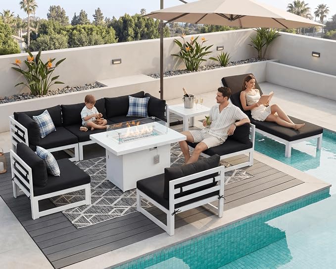 NICESOUL 7 People Large Luxury Aluminum Patio Conversation Set with Lounge & Fire Pit Table, 29" Deep Wide Modular Sectional Couch, 500 lbs Heavy Duty All Weather Outdoor Sofa for Poolside Yard, Black
