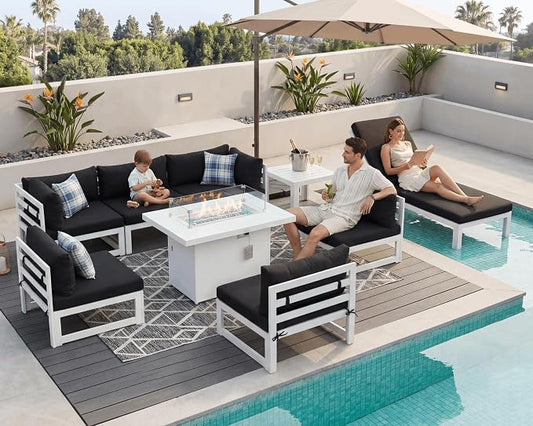 NICESOUL 7 People Large Luxury Aluminum Patio Conversation Set with Lounge & Fire Pit Table, 29" Deep Wide Modular Sectional Couch, 500 lbs Heavy Duty All Weather Outdoor Sofa for Poolside Yard, Black