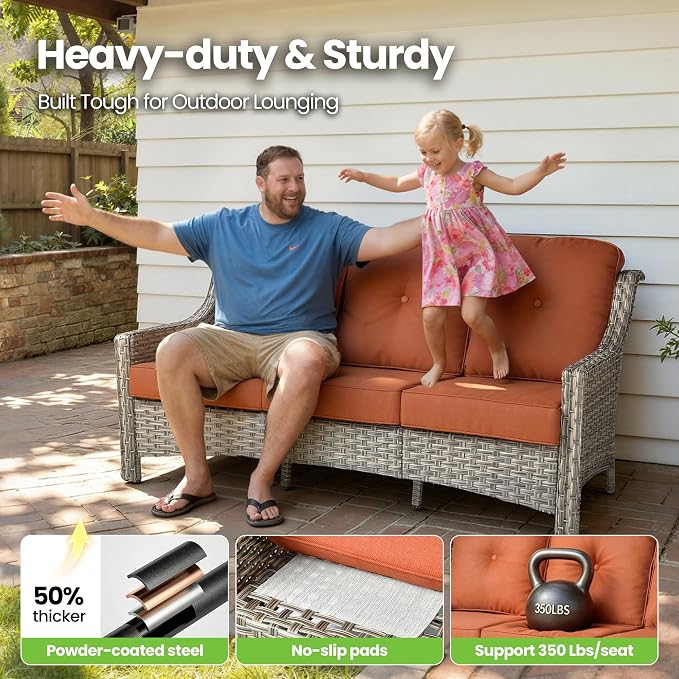 10 Piece Patio Furniture Set with Fire Pit Table, Outdoor Wicker High Back Sofa and Swivel Rocker Chairs Set of 4 with Ottoman, Large Conversation Sets for Backyard Deck Garden, Bold Orange