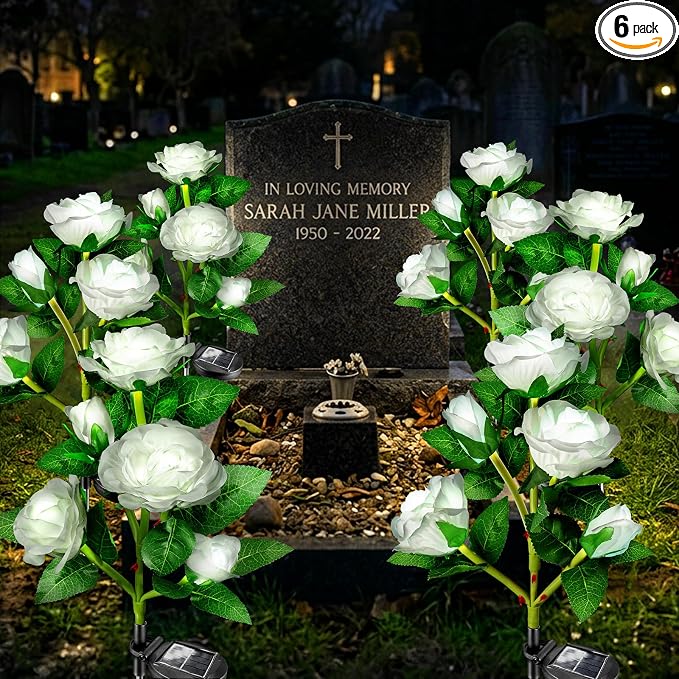 Anordsem Solar Garden Lights Outdoor: Waterproof Fabric Roses - Red LED Flower Decorations for Yard Patio Path Cemetery Grave - Birthday Gifts for Women Mom Wife - 6 Pack White