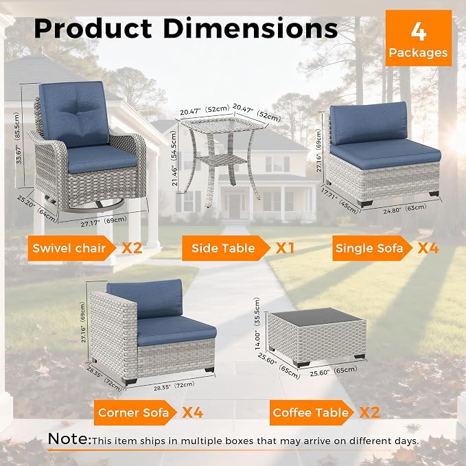 10-Seat Modern Patio Furniture Set with Swivel Rocking Chairs, Thick 4″ Cushions, Dual-Strand Wicker Rattan, Rust-Resistant Steel Frame – Outdoor Conversation & Modular Sectional,Navy