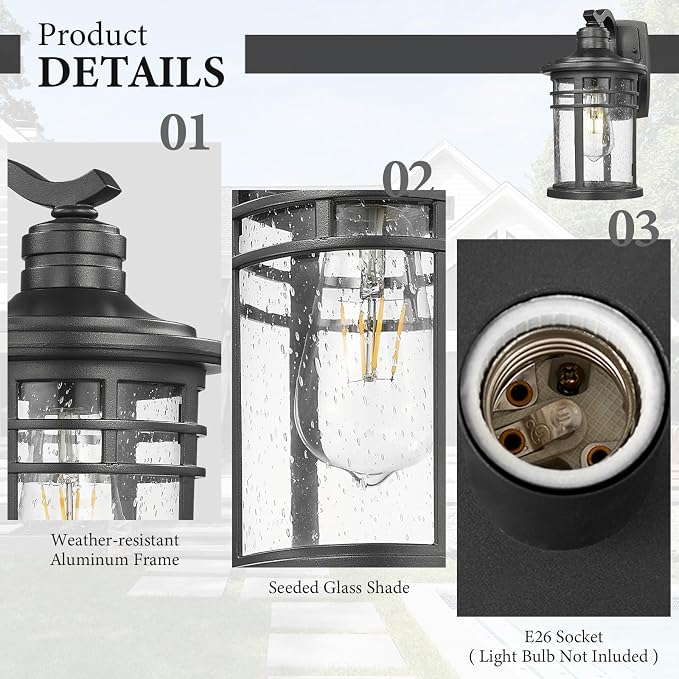 Darkaway Outdoor Porch Lights Wall Mount, Outdoor Light Fixtures Sconces Wall Lighting with Seeded Glass Waterproof Exterior Lights for Patio Yard House Hallway Doorway Garage(2 Pack, Black)