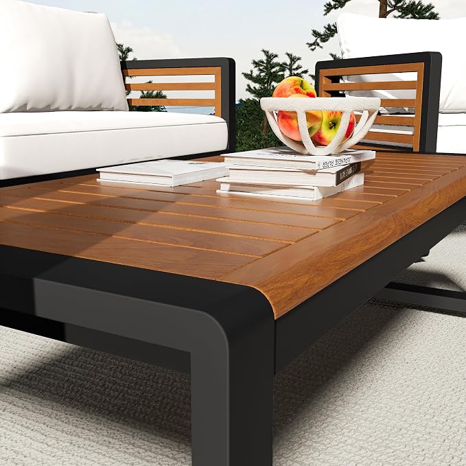 ERYE Large Size 4-Pieces Patio Conversation Set Modern Outdoor Furniture Sofa for 5 Person, Garden Furniture Set with Removable Cushion, Metal Frame and Acacia Wood Tabletop
