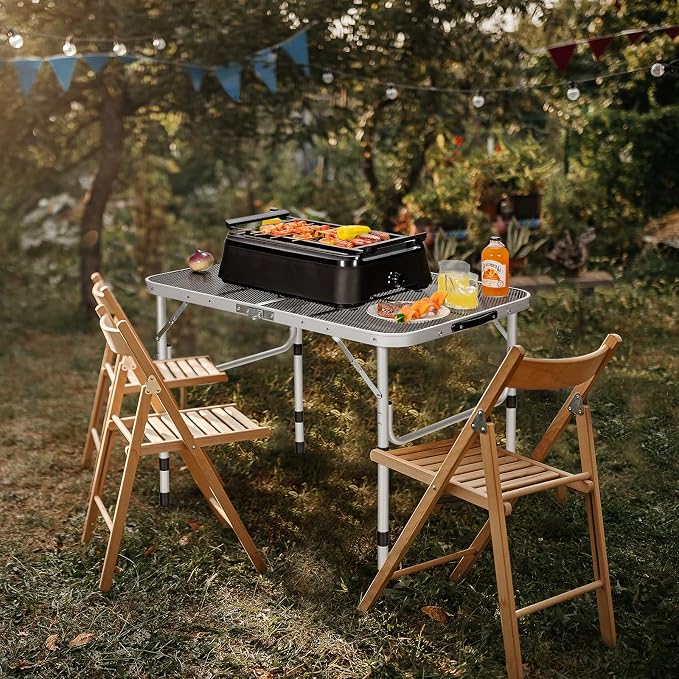 Giantex 3FT Portable Camping Table, Aluminum Picnic Table W/Iron Mesh Tabletop, 4 Adjustable Heights, Lightweight Folding Table for Outdoor Grill Cooking Picnic Camping Party BBQ