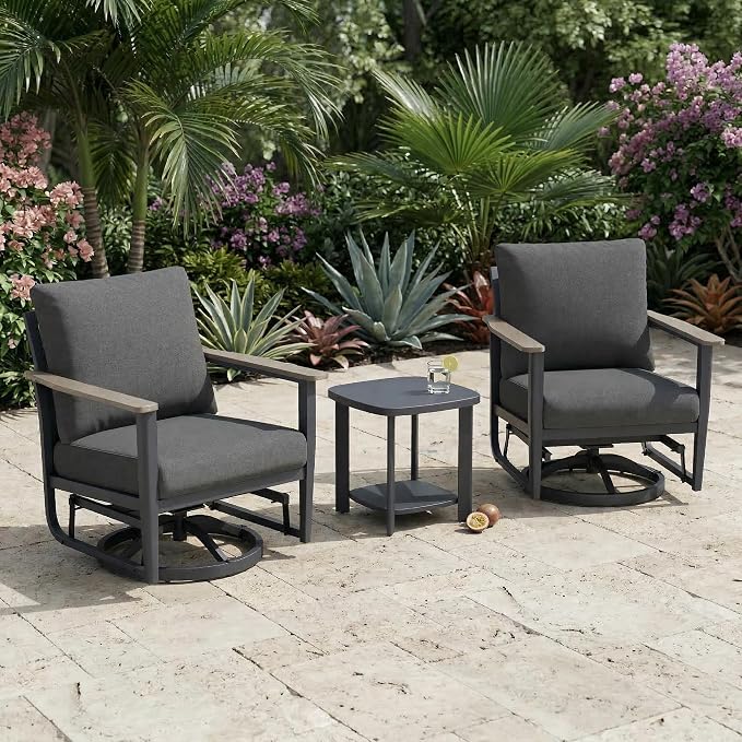 Aluminum Patio Swivel Rocking Chair Outdoor Bistro Set, 3PCS Patio Conversation Set Outdoor Patio Furniture Set with High Backrest & Thickened Cushions for Garden, Deck and Balcony, Dark Grey