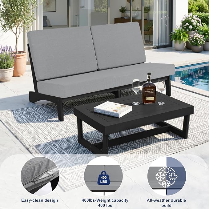 Pia Ricoo 1-Piece Patio Furniture Set, Outdoor Loveseat with 4.5-Inch Thick Cushions, All-Weather Outdoor Sofa for Backyard, Deck, Lawn - Gray/Dark (Split Back)