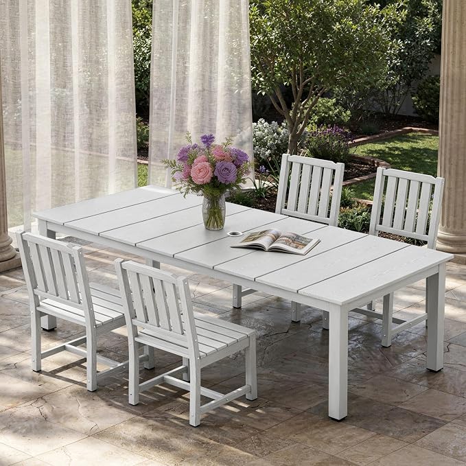AreShark 5-Piece Outdoor Dining Set,HDPE Patio Table with 4 Armless Chairs,All-Weather Patio Furniture Set with Umbrella Hole,Low Maintenance Wood Grain Dining Set for Backyard,Garden,Poolside,White