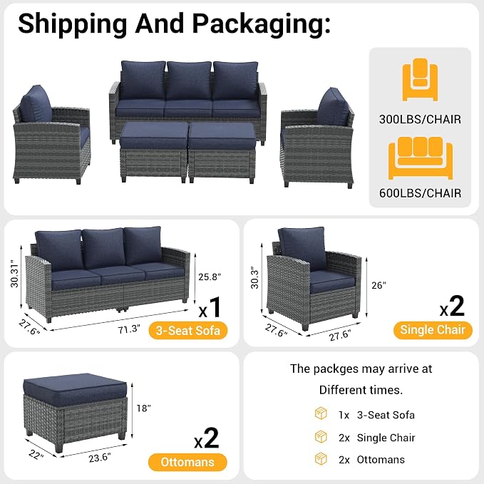 Outdoor Furniture Set, 5 Pcs Wicker Patio Couch with Chairs, Ottomans and Thick Cushions, All Weather Wicker Rattan Patio Conversation Set,Navy Blue