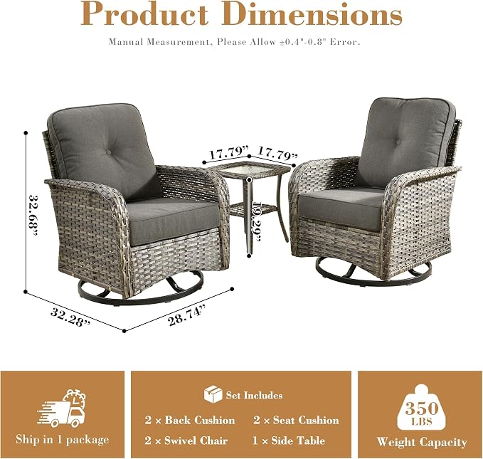 3 Pieces Patio Furniture Set, High Back Outdoor Swivel Rocker Chairs, Wicker Outdoor Furniture with Swivel Rocking Chairs and Side Table for Porch, Backyard, Balcony, Black