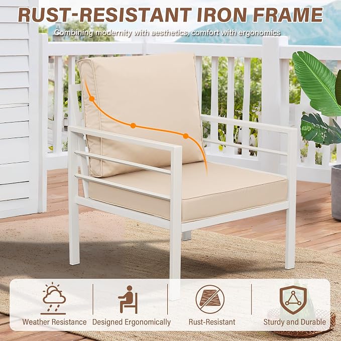 Oasishine 4-Piece Aluminum Patio Furniture Set White Outdoor Metal Frame Sofa Set with High Backrest Seating Glass Coffee Table All-Weather with Non-Slip Cushions and Waterproof Covers, Khaki