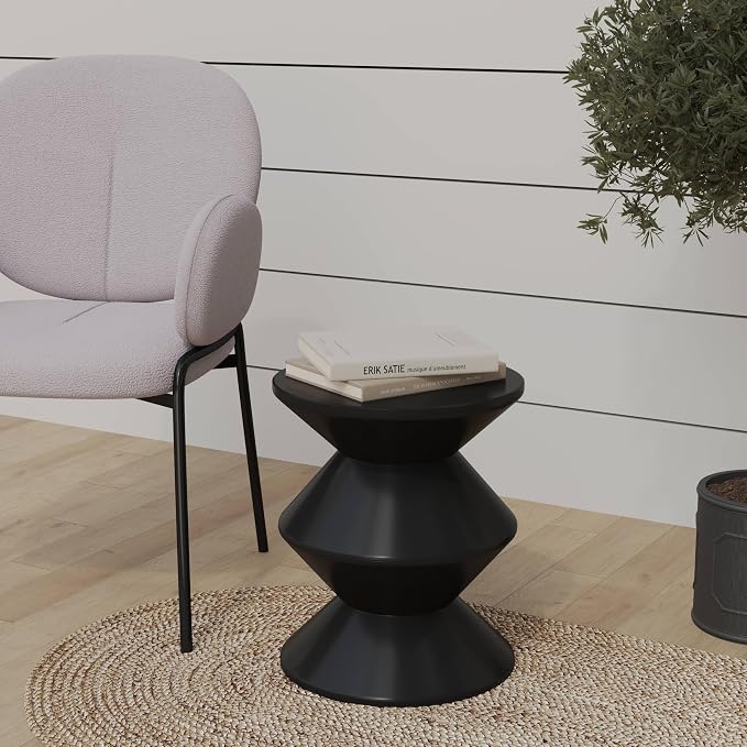 LeisureMod Aura Collection Modern Round Side Table - Black ABS Plastic Double-Hourglass Pedestal - No Assembly Weatherproof Accent Furniture for Living Room, Patio & Outdoor Decor