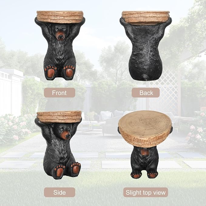 20.8" H Rustic Black Bear Side Table - Outdoor Side Table & Outdoor Decoration,Fibre Reinforced Concrete and Weatherproof, Bear Statue for Garden, Porch, Patio, Balcony or Living Room Decor