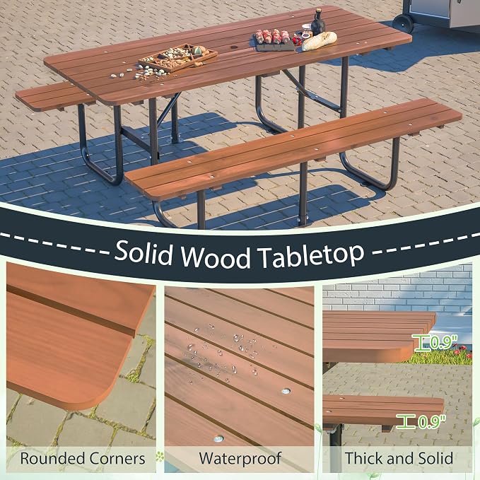 Outdoor Picnic Table with Benches, 6 - Person Picnic Table, Wooden Patio Dining Set, 1.97'' Umbrella Hole, Waterproof and Rounded Corners Design for Backyard, Garden, Park, Restaurant, Picnic, Natural