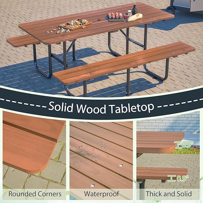 72" Rectangular Outdoor Picnic Table - 6 Person Brown Wooden Dining Set with Built-in Benches, Ideal for Garden BBQ & Courtyards