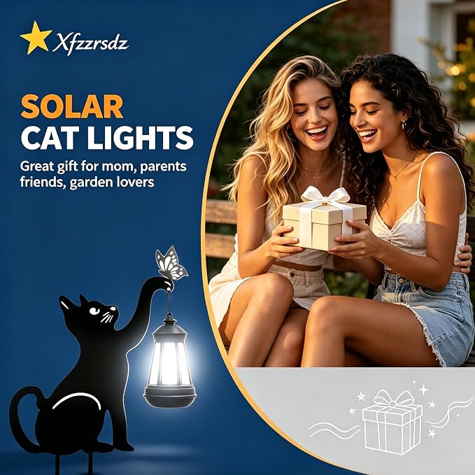 2 Pcs Black Cat Solar Lights Outdoor - Cat Lover Gifts for Mom Woman Grandma,Garden Decor with Butterfly Decorative Metal Stake Housewarming Ornament for Yard Pathway Lawn Patio