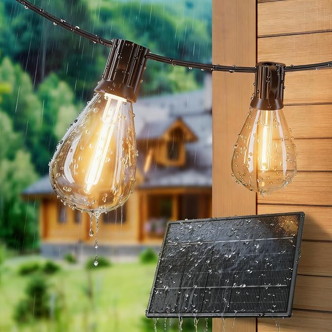 100FT Solar String Lights Outdoor Waterproof, 35+1 LED Shatterproof Bulbs Solar Powered with Remote & USB Port, 3 Light Modes Dimmable Patio Lights for Backyard, Garden, Camping