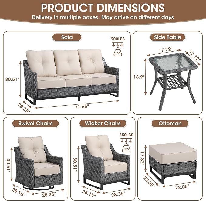 14 Piece Patio Furniture Set, Grey Wicker Outdoor Conversation Set with 4 Swivel Rocker Chairs, 4 Ottomans, 2 Sofas and 4 Side Tables, 6-Inch Thick Cushions, Beige Covers for Porch, Deck