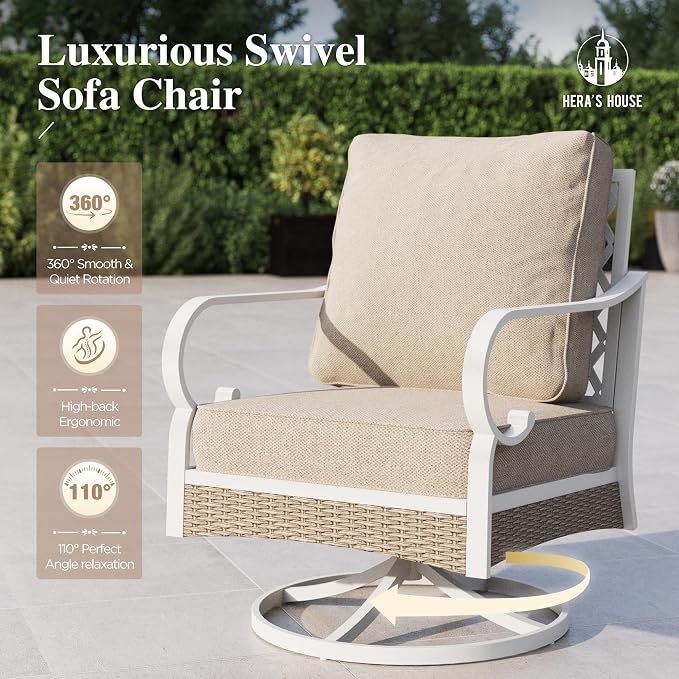 HERA'S HOUSE 6 Piece Metal Patio Furniture Set, All Weather Outdoor Conversation Set with 3-Seat Sofa, 2 Rocking Chairs, 2 Fixed Chairs & Coffee Table, 7 Seats for Backyard, Garden, Deck, White/Beige
