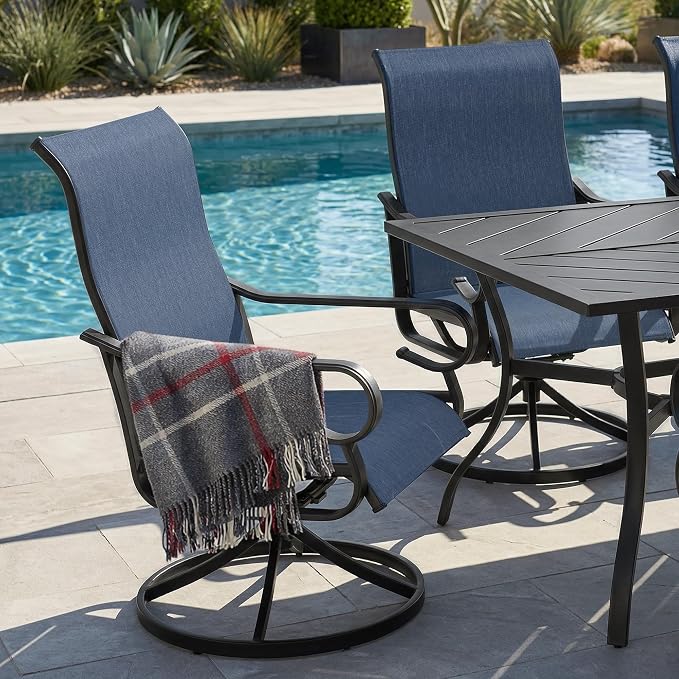 NUU GARDEN 7-Piece Outdoor Dining Set, Outdoor Table and Chair Set with Umbrella Hole, Padded Textilene Dining Table Set, All Weather Outdoor Table and Chairs for 6, Swivel Design, Blue