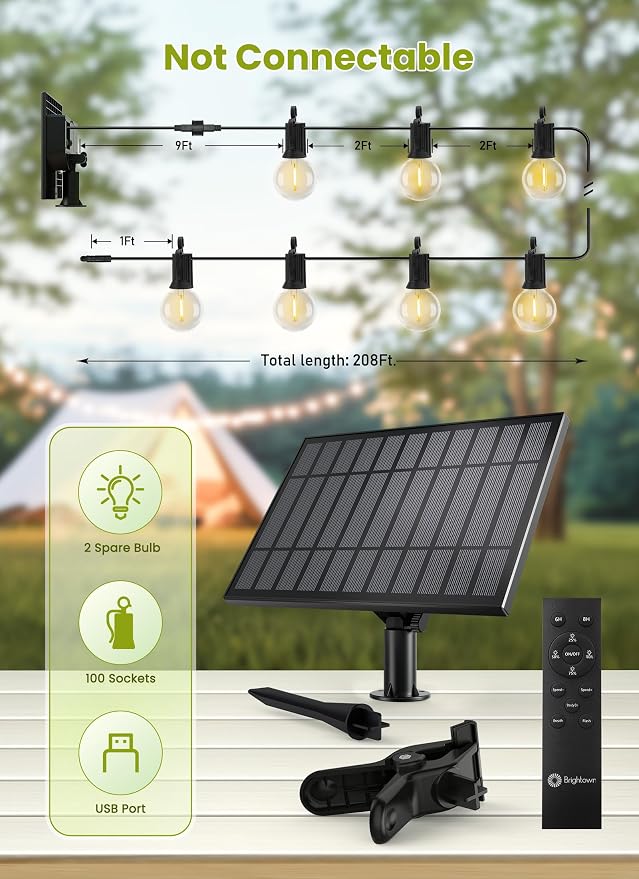 Brightown 208FT Solar String Lights Outdoor, IP65 Waterproof, Remote, Timer | Patio Lights with 100 LED Shatterproof Bulbs, 3 Light Modes, Dimmable, Outside Light for Backyard Porch Yard Party Xmas Decor