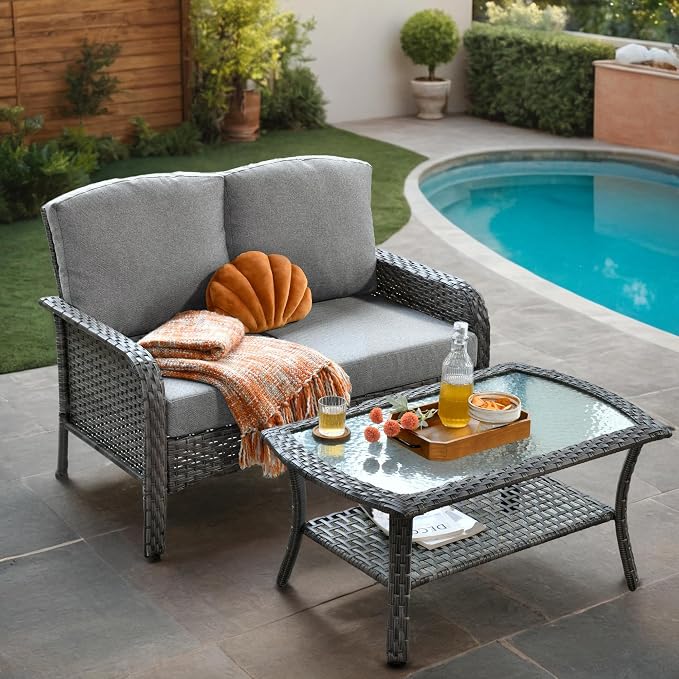 2 Pieces Wicker Patio Furniture Loveseat with Table - Outdoor Rattan Patio Bistro Set of 2,All-Weather PE Wicker Conversation Sofa High Back Deep Seating for Deck Porch Yard,Grey